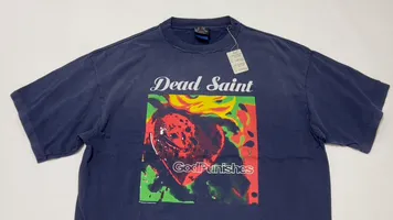 SAINT Mxxxxxx DEAD SAINT SS TEE/NAVY DEAD SAINT printed short sleeves God's Punishment TEE Washed blue S-XL Genuine consistent tube weaving without side seams High weight OE yarn fabric Assute dyeing Multiple horse fades Heavy wash water Worn holes Original consistent main mark/wash mark/little angel anti-counterfeiting mark